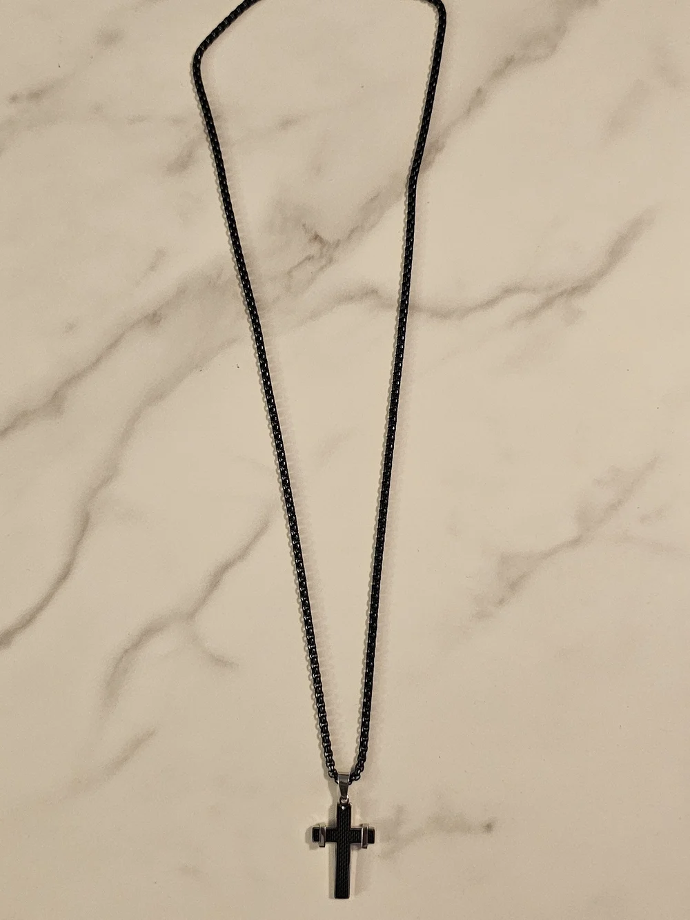 Men's Black Stainless Steel Cross Pendant Necklace with Carbon-Fiber Texture